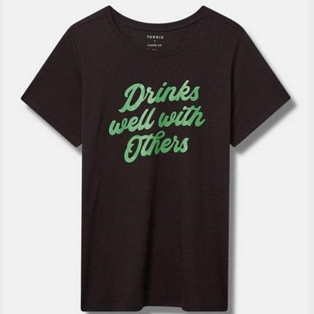 Torrid - "Drinks Well with Others" Classic Fit Signature Jersey Tee, Deep Black